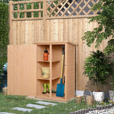 Natural wooden garden shed open in a garden with a sprayer, bucket, wellies and spade inside