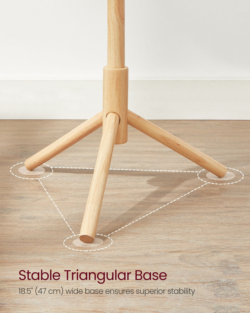 Close-up of the wooden coat rack's hook and base joint