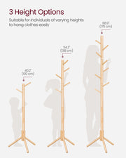 Wooden tree coat rack shown at a different height setting