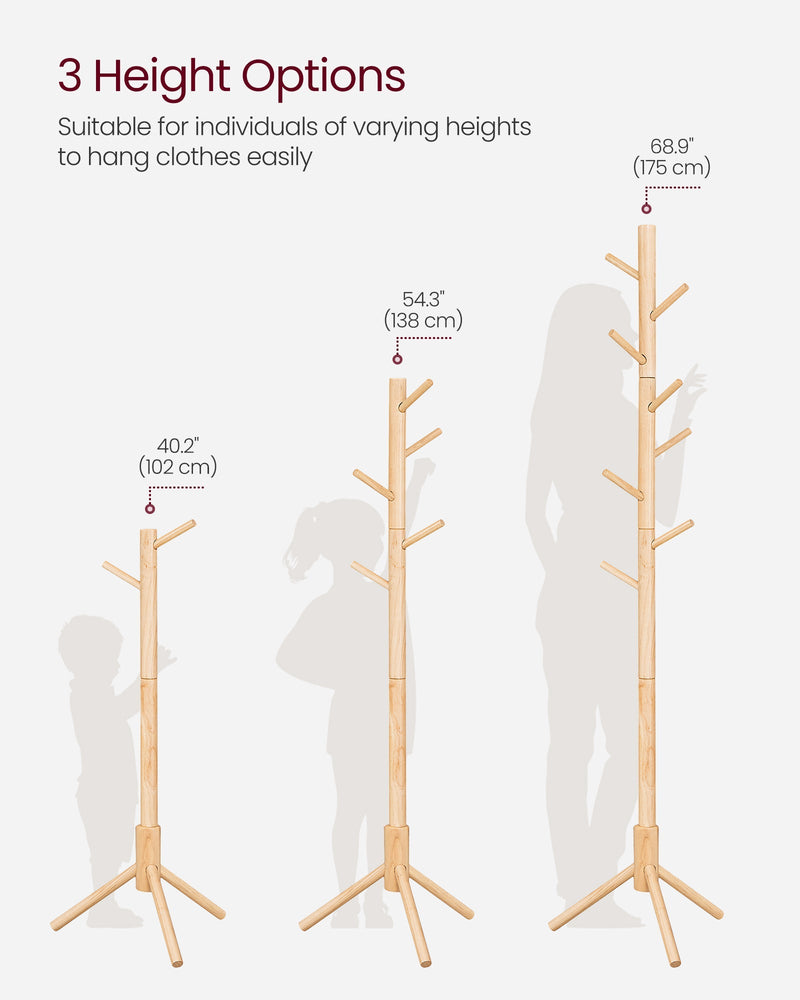Wooden tree coat rack shown at a different height setting