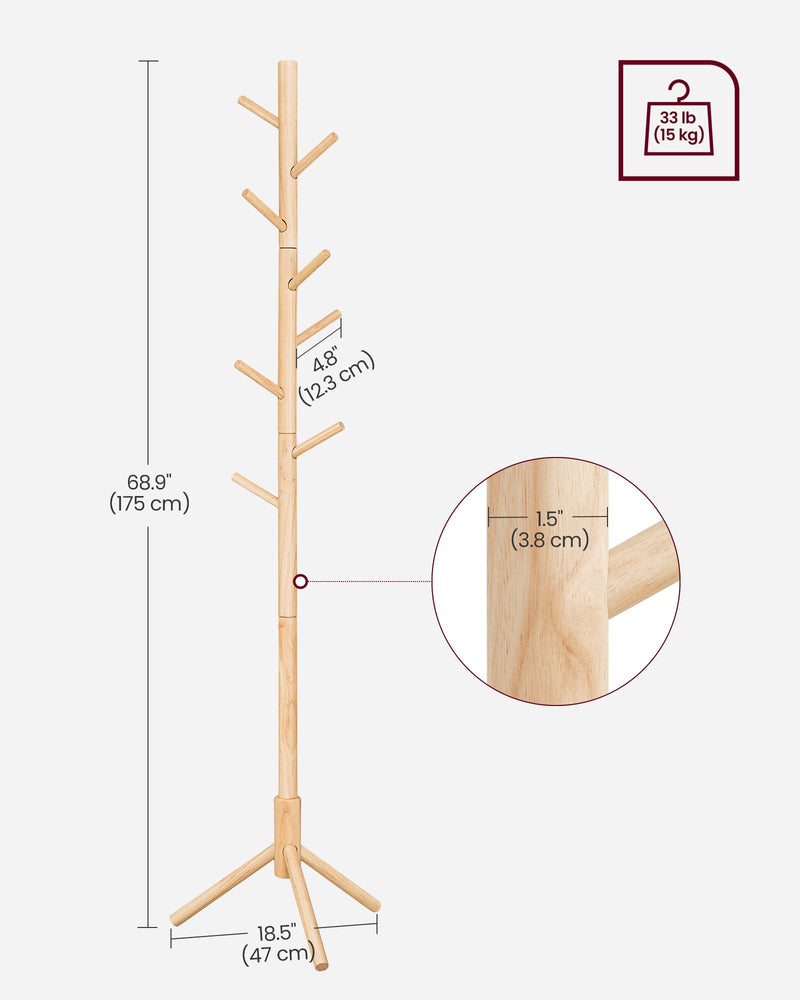 Dimensions diagram of the wooden tree coat rack with 3 height options