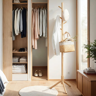 Wooden tree coat rack with 8 hooks at different heights by Vasagle, front view