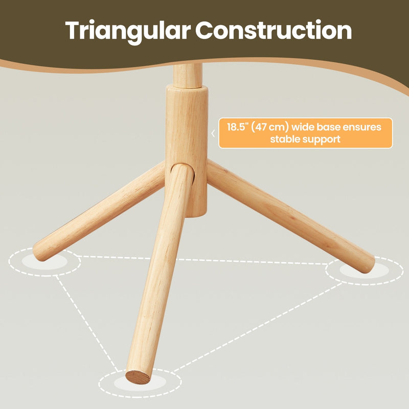 Close-up of the wooden coat rack's hook and base joint
