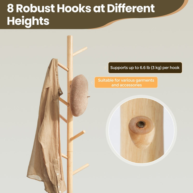 Wooden tree coat rack shown from an angled view