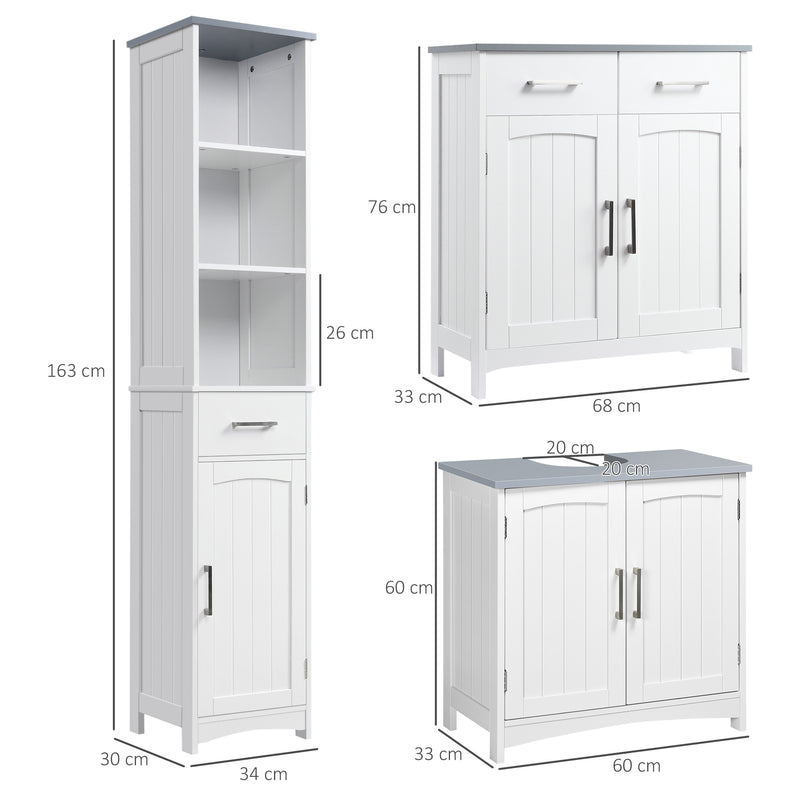 3 Piece White Bathroom Furniture Set Tall Storage Cabinet Sink Unit with Shelves and Drawers by kleankin