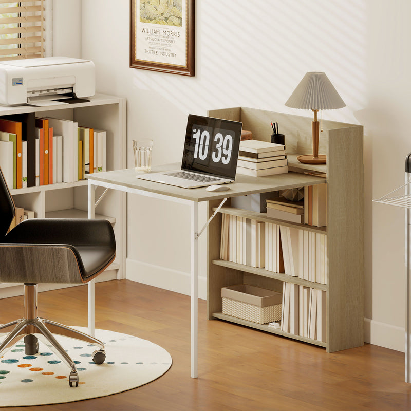 Extendable Dining Table with Storage Shelves for Small Spaces Oak and White AOSOM