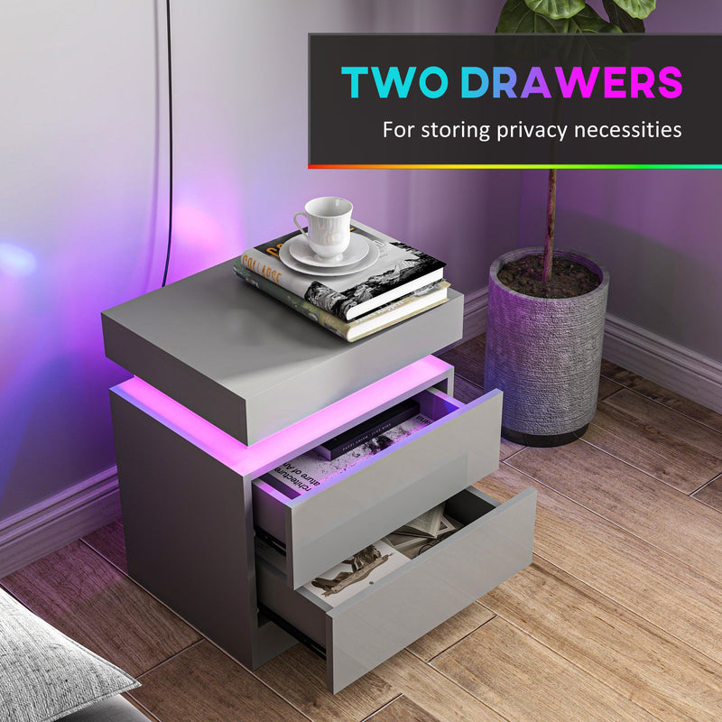 Bedside Table with Adjustable LED Lighting and Two Drawers for Organised Bedroom Storage Grey