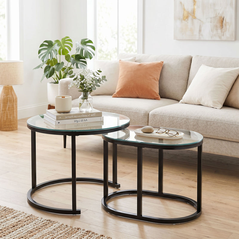 Set of 2 Glass Top Coffee Tables for Extra Living Room Surface Space Black and Clear
