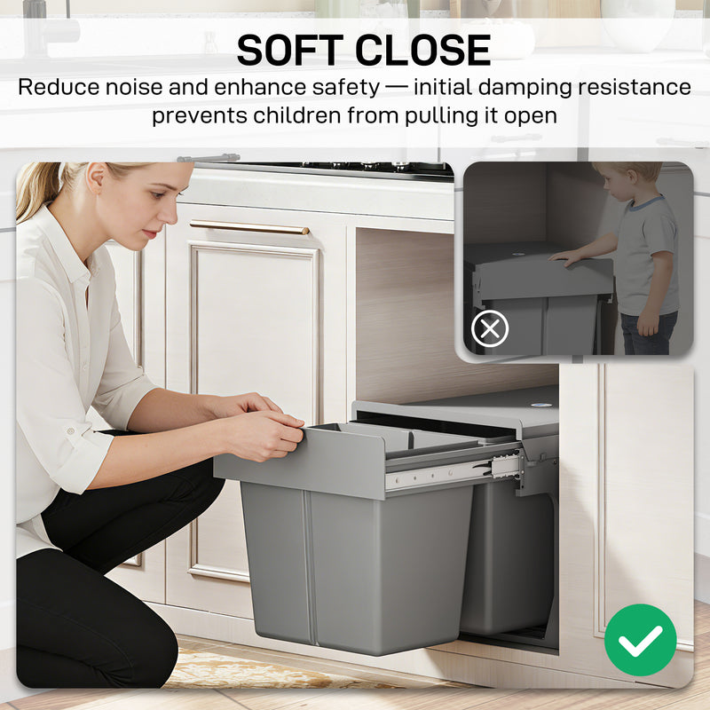 Pull Out Under Sink Bin With 2 Removable 15L Compartments For 400mm Cabinets Light Grey