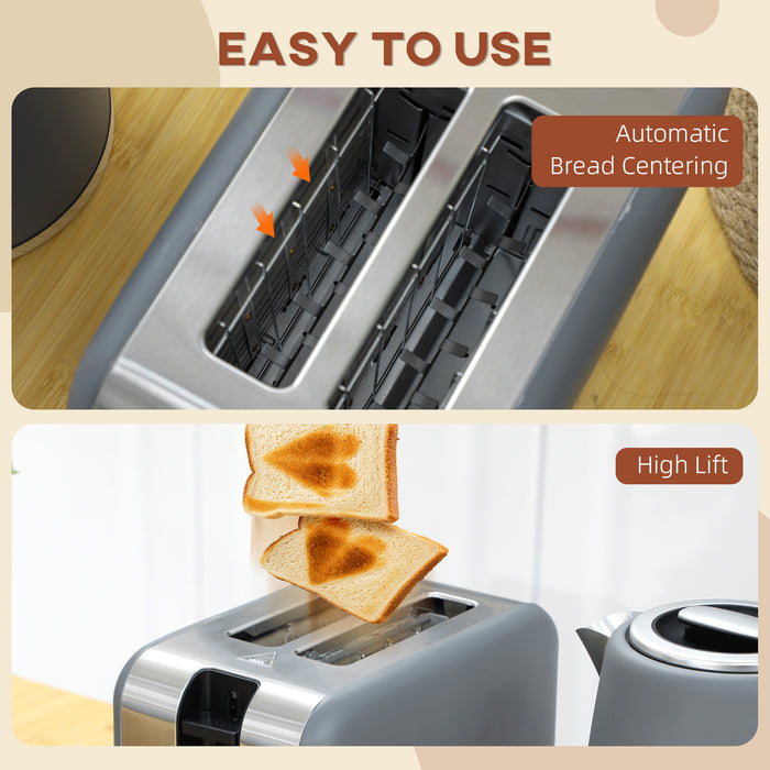 Grey 1.7L Fast Boil Cordless Kettle and 2 Slice Toaster Set with 7 Browning Levels by HOMCOM