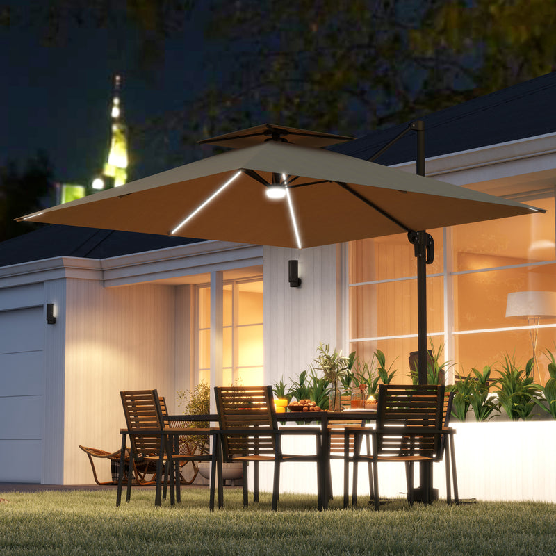 2.5m Cantilever Parasol with Solar LED Lights 360Â° Rotation and Crank Handle Khaki by Outsunny