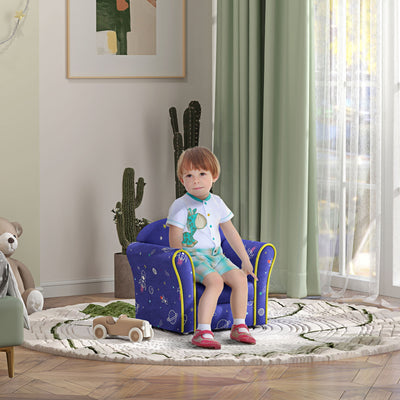 Kids Armchair with Fun Dinosaur Design and Wooden Frame for Bedroom or Playroom, Blue
