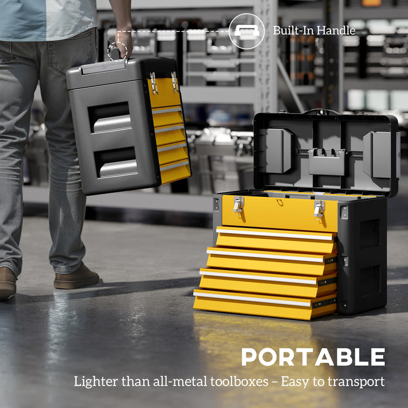 Yellow 4 Drawer Metal Toolbox Chest With Large Storage For Garage Or Workshop AOSOM