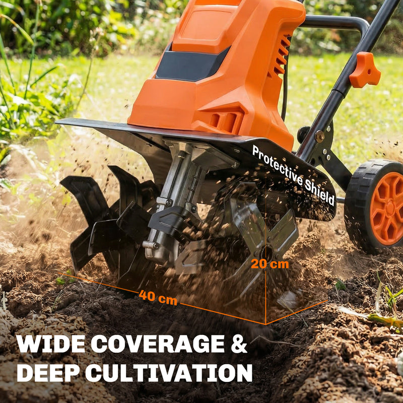 Electric Garden Tiller Rotavator for Easy Soil Preparation with Adjustable Wheels Orange AOSOM
