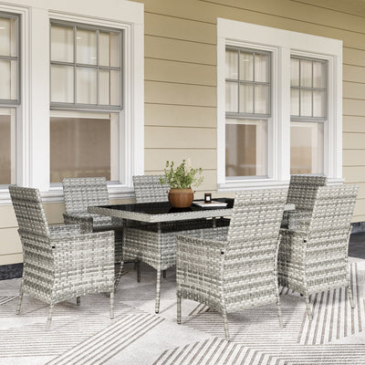 6 Seater Rattan Patio Dining Set with Cushions and Glass Table by Outsunny