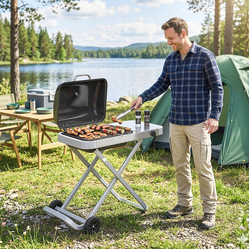 Portable Folding Gas BBQ Grill with Wheels, 1800cm² Cooking Area and Side Shelf, Black Outsunny