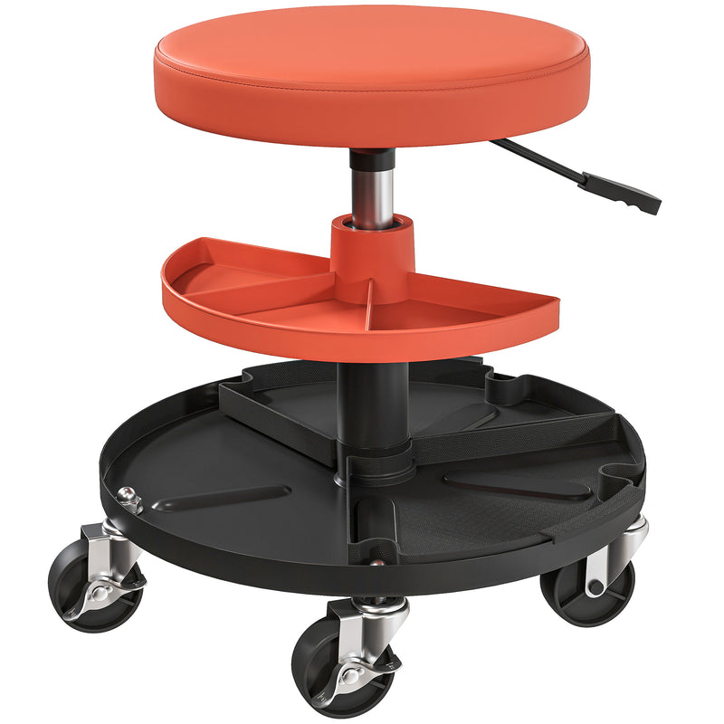 Mechanic Rolling Stool with Height Adjustment and Tool Trays for Garage and Workshop Yellow AOSOM