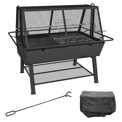 3 in 1 Barbecue Grill Fire Pit and Rotisserie Roaster with Protective Cover, Black