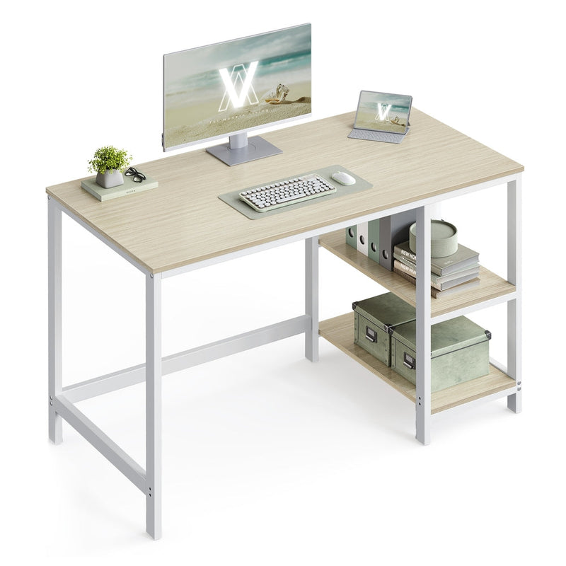 Vasagle writing desk in natural beige and pearl white with 2 right-hand shelves holding files and boxes