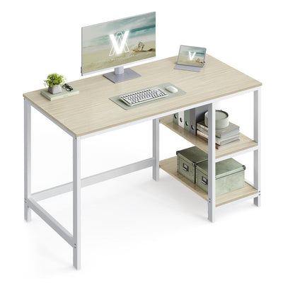 Vasagle writing desk in natural beige and pearl white with 2 right-hand shelves holding files and boxes