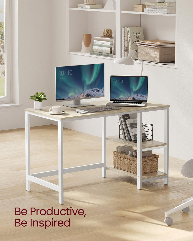 Natural beige writing desk styled in a bright home office with a monitor, laptop and woven basket