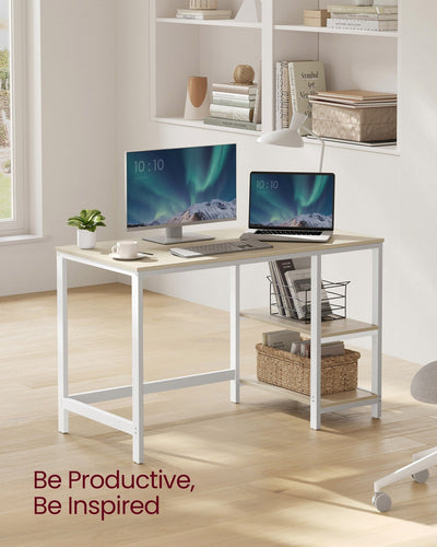 Natural beige writing desk styled in a bright home office with a monitor, laptop and woven basket