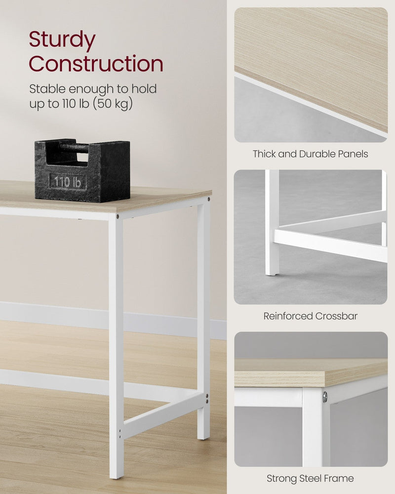 Close-ups of the thick desktop panel, reinforced crossbar and white steel frame rated to 50 kg
