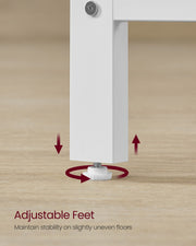 Close-up of the adjustable screw foot on a white desk leg for levelling on an uneven floor