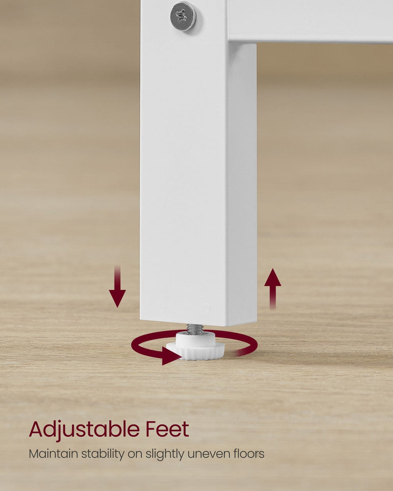 Close-up of the adjustable screw foot on a white desk leg for levelling on an uneven floor