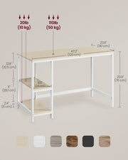 Dimensions diagram of the writing desk with a 120 x 60 cm desktop, 76 cm height, 24 cm deep shelves and 50 kg and 10 kg load limits