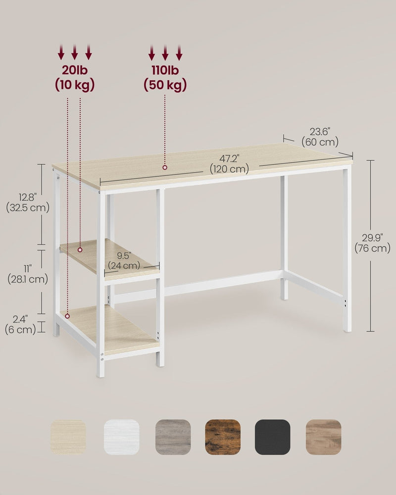 Dimensions diagram of the writing desk with a 120 x 60 cm desktop, 76 cm height, 24 cm deep shelves and 50 kg and 10 kg load limits
