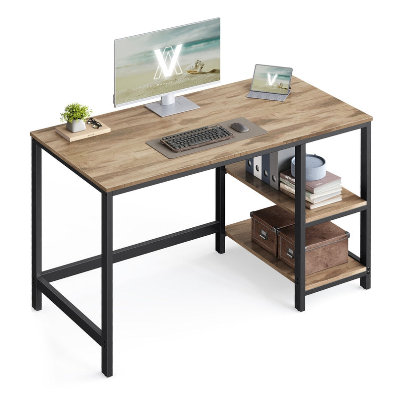 Vasagle writing desk in camel brown with an ink black steel frame, shown with a monitor, laptop and 2 side shelves