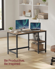 Camel brown writing desk in a bright white room with a monitor, laptop and cup of coffee on the worktop