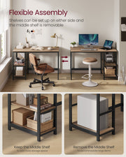 Graphic showing the desk built with shelves on the left and on the right, plus close-ups of the middle shelf kept in and taken out