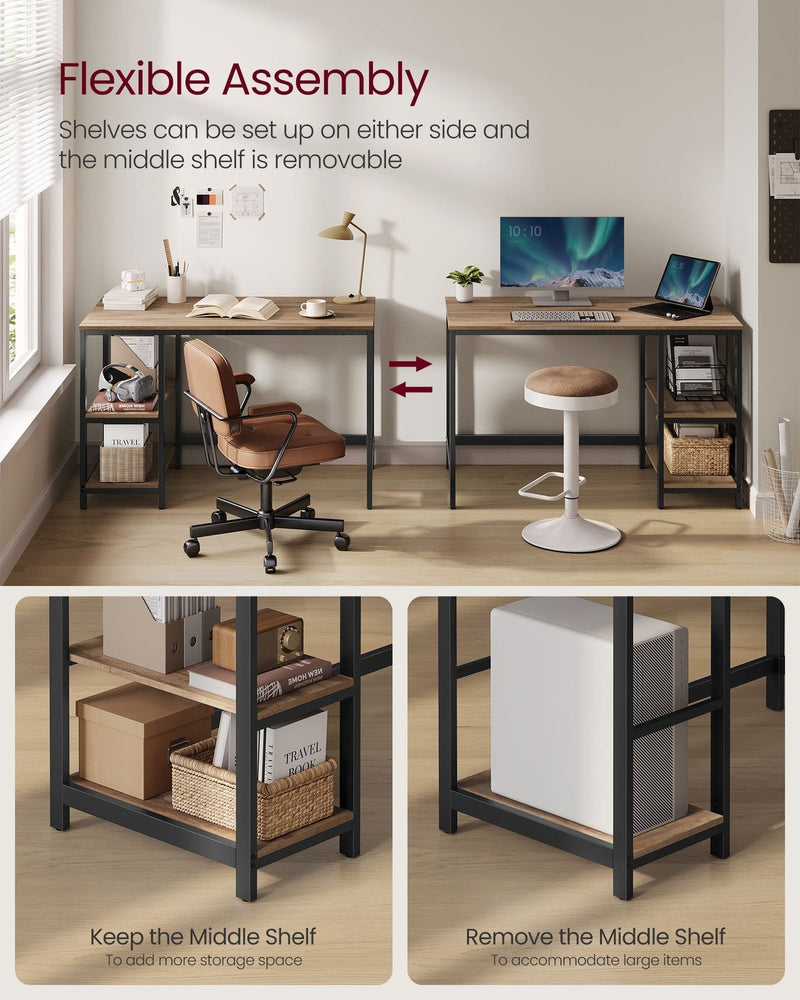 Graphic showing the desk built with shelves on the left and on the right, plus close-ups of the middle shelf kept in and taken out