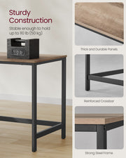 A 110 lb weight resting on the desktop beside close-ups of the thick panel edge, reinforced crossbar and steel frame joint