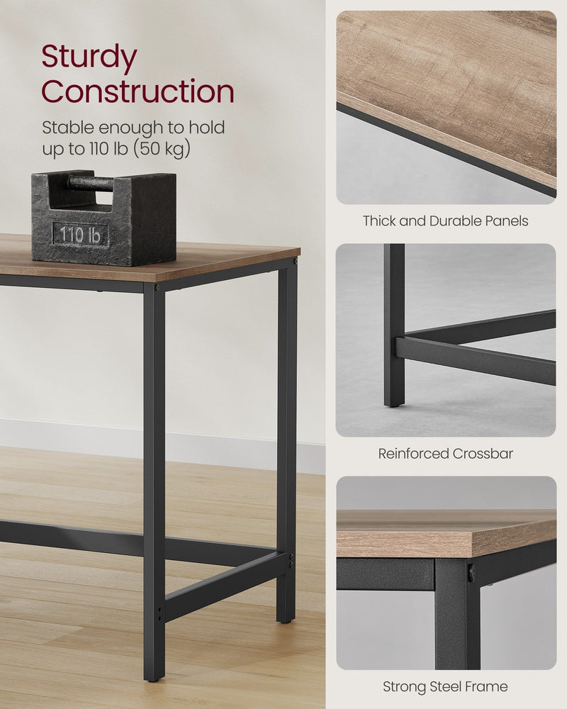 A 110 lb weight resting on the desktop beside close-ups of the thick panel edge, reinforced crossbar and steel frame joint