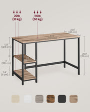 Dimensions diagram of the writing desk labelled 120 cm wide, 60 cm deep, 76 cm tall, 24 cm shelves and a 50 kg desktop load