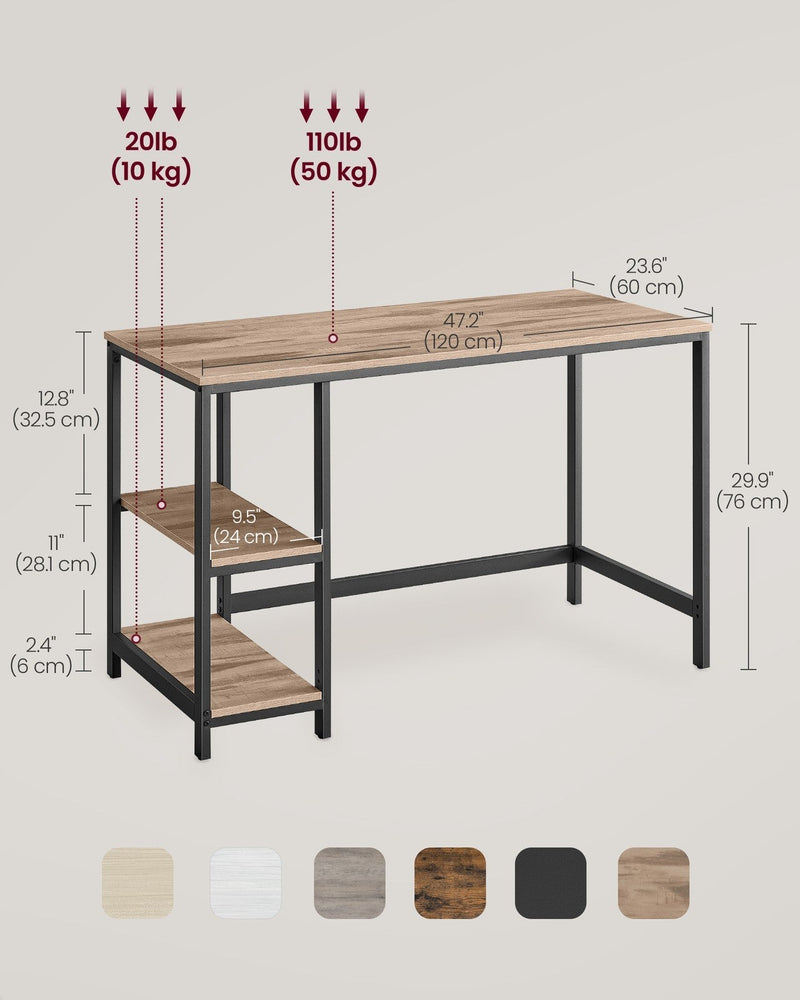 Dimensions diagram of the writing desk labelled 120 cm wide, 60 cm deep, 76 cm tall, 24 cm shelves and a 50 kg desktop load