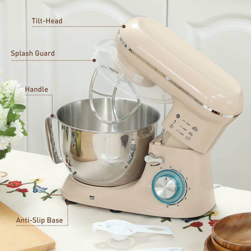 1300W Kitchen Stand Mixer With Dough Hook Whisk and Beater Attachments, Beige