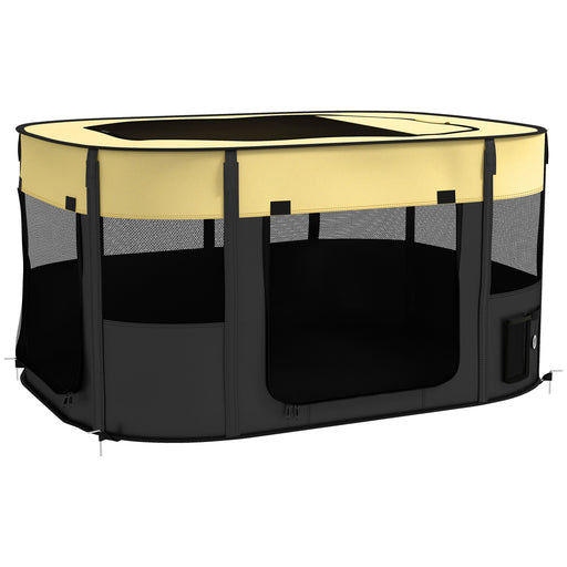 Foldable Dog Playpen with Storage Bag and Ground Stakes for Indoor and Outdoor Use, Yellow