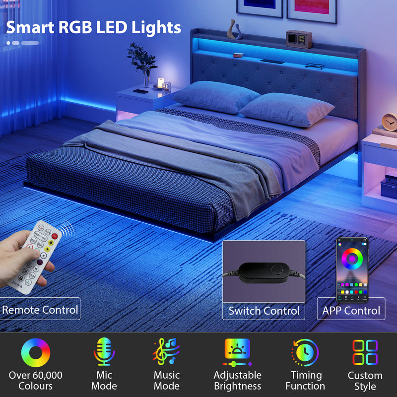 King Size Floating Bed Frame with LED Lights, Charging Ports and Storage Shelves, Grey Homcom