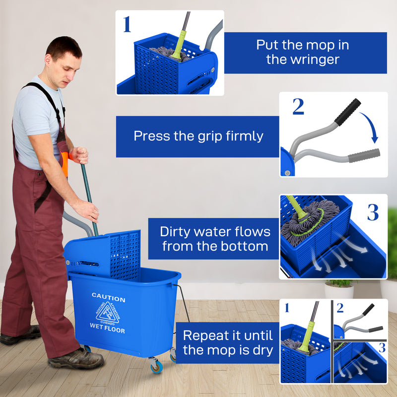 HOMCOM 20L Compact Mop Bucket on Wheels, with Water Separation Panel - Blue