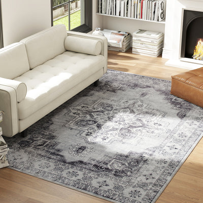 Large Vintage Area Rug for Living Room or Bedroom with Non Slip Backing Washable Grey