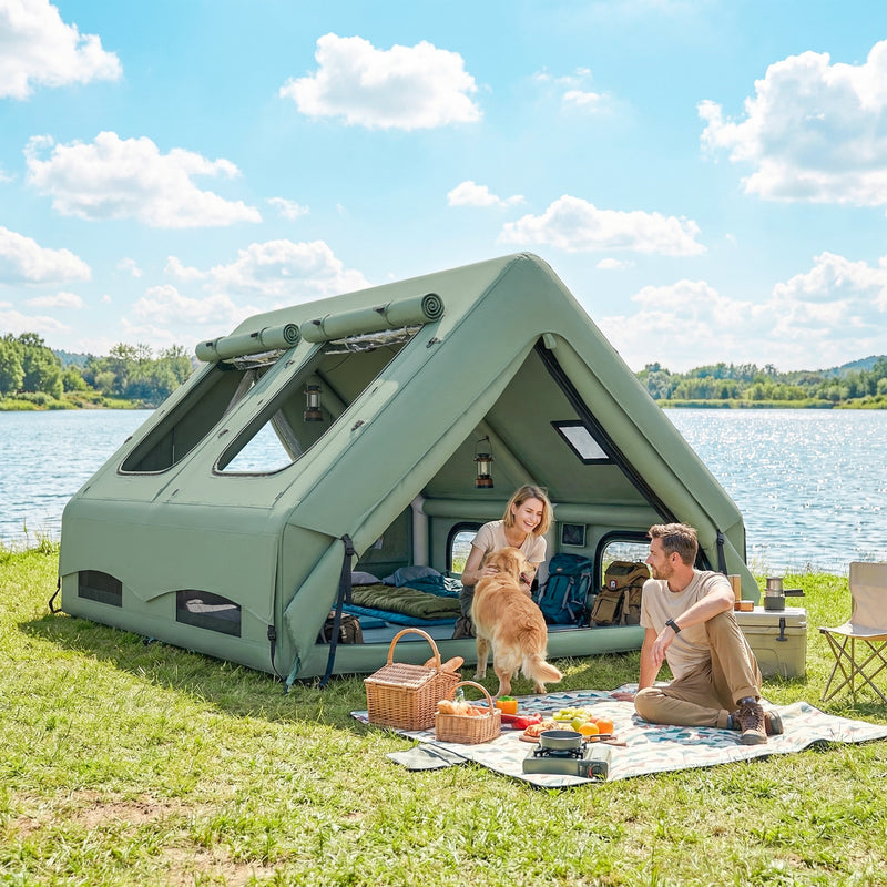 Large Waterproof Inflatable Camping Tent 8-10 Person, 10000mm With Skylights & Floor, Green