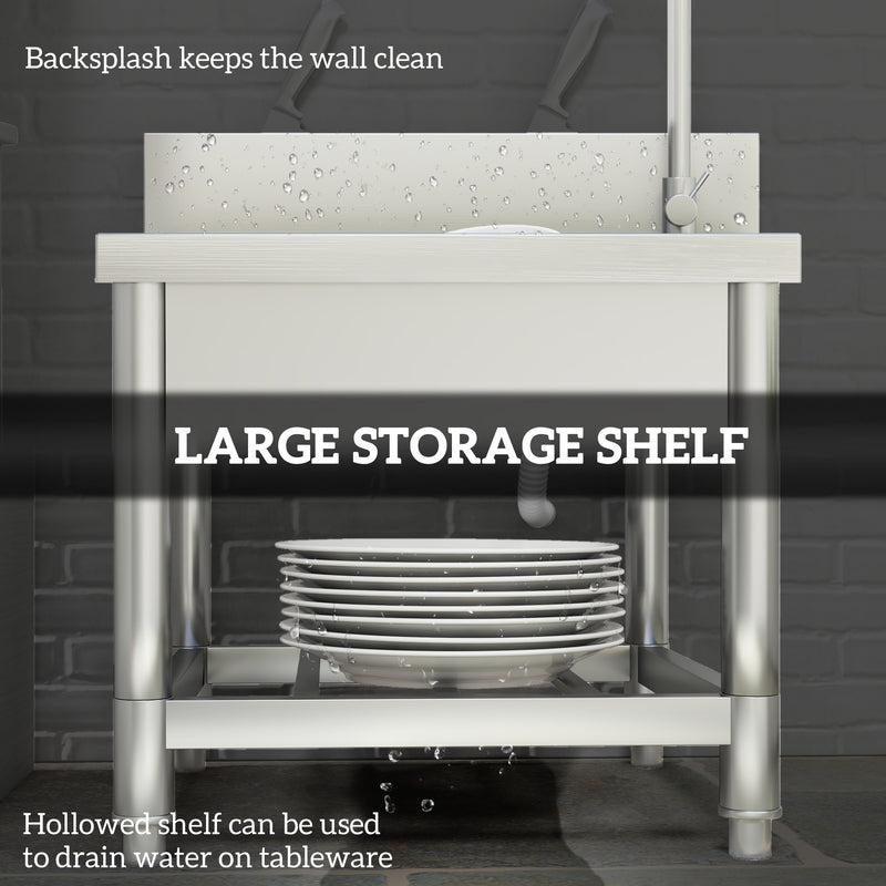 Silver Outdoor Utility Sink with Hot Cold Water Pipes and Shelf for Garage or Laundry by Outsunny
