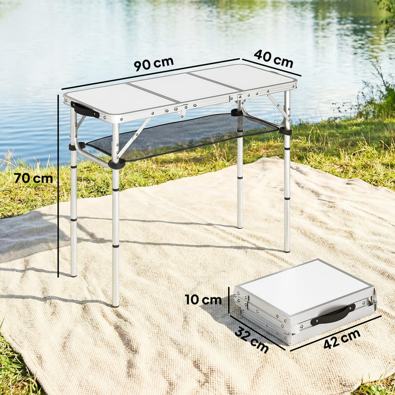 Folding Picnic Table with Mesh Shelf for Stable Outdoor Snacks and Drinks Cream White
