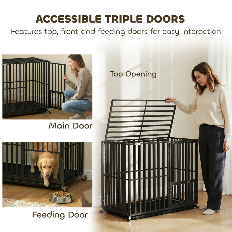 Steel Dog Crate With Removable Tray and Wheels for Secure Home Use Black AOSOM