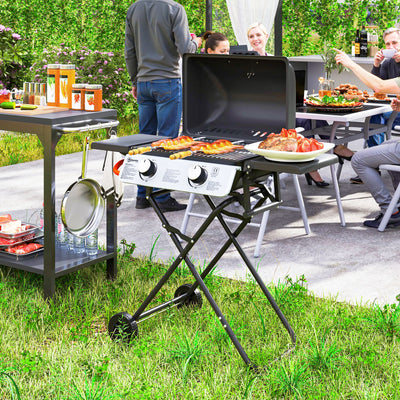 Foldable 2 Burner Gas BBQ Grill with Wheels and Thermometer Lid for Outdoor Cooking by Outsunny