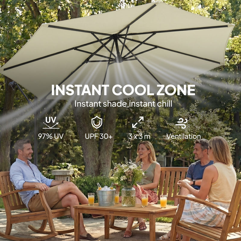3m Beige Cantilever Umbrella For Patio with Base - 360 Degree Shade - Top Vent - Crank Handle